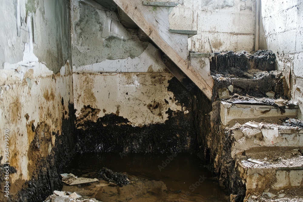 The Aftermath: A Flooded Basement Reveals the Scars of Water Damage and Mold Growth The Aftermath: A Flooded Basement Reveals the Scars of Water Damage and Mold Growth