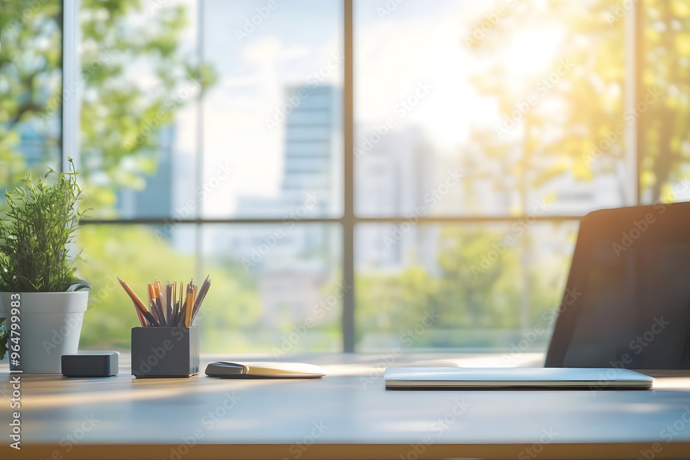 Modern workspace with sunlight. A sleek laptop on a desk in a modern office with large windows showcasing a vibrant cityscape bathed in warm sunlight. A potted plant adds a touch of nature. Modern workspace with sunlight. A sleek laptop on a desk in a modern office with large windows showcasing a vibrant cityscape bathed in warm sunlight. A potted plant adds a touch of nature.