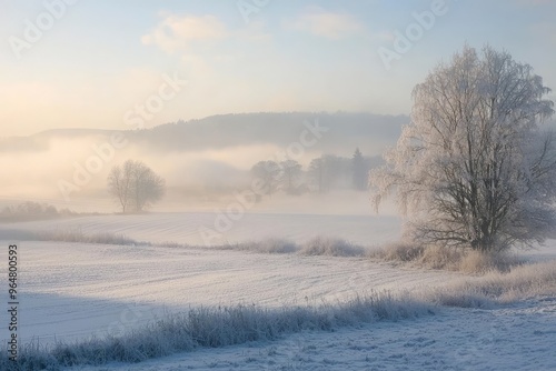 Wallpaper Mural Winter's Embrace: A frosty landscape, shrouded in mist, paints a serene picture of a peaceful dawn. Torontodigital.ca