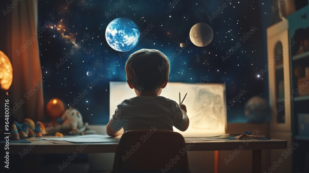 Fototapeta premium A lovely little boy draws with a pencil from a glass in a cinematic back shot. Imagining the future in a room with a space theme.