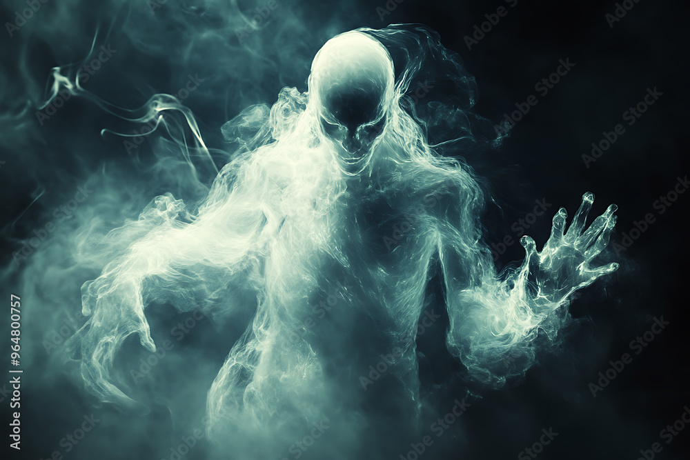 An abstract portrayal of a ghostly and transparent spirit with an ethereal presence, radiating a mystical glow