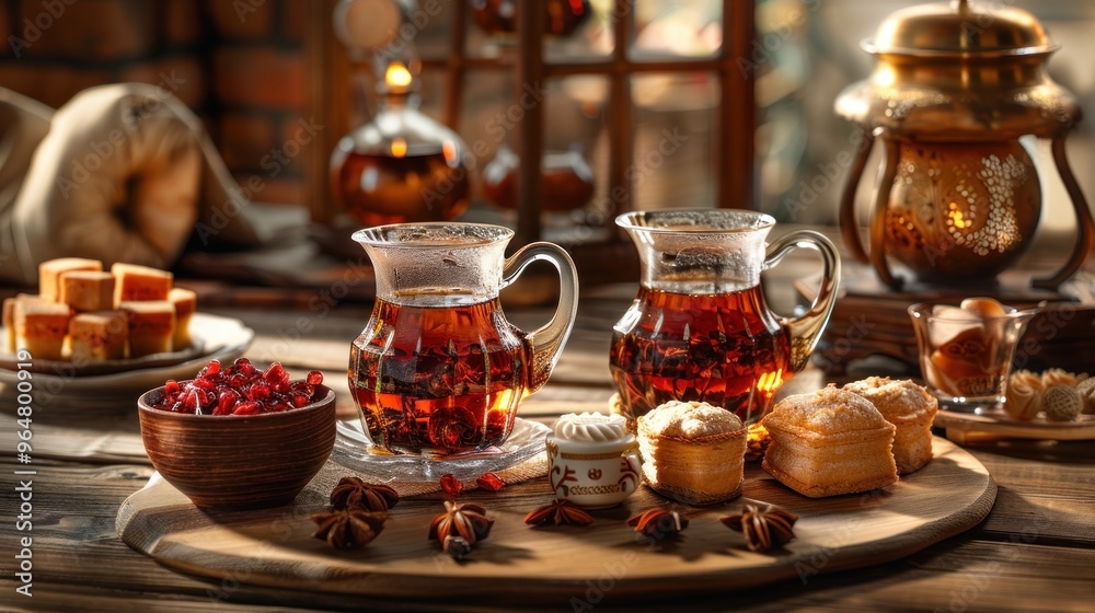Turkish tea served in traditional glasses, complemented by a variety of lokum and sweets on a rustic wooden table Turkish tea served in traditional glasses, complemented by a variety of lokum and sweets on a rustic wooden table