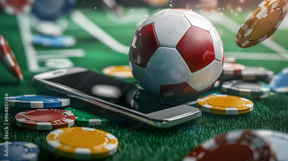 Obraz premium football ball a mobile phone and coins casino chips.