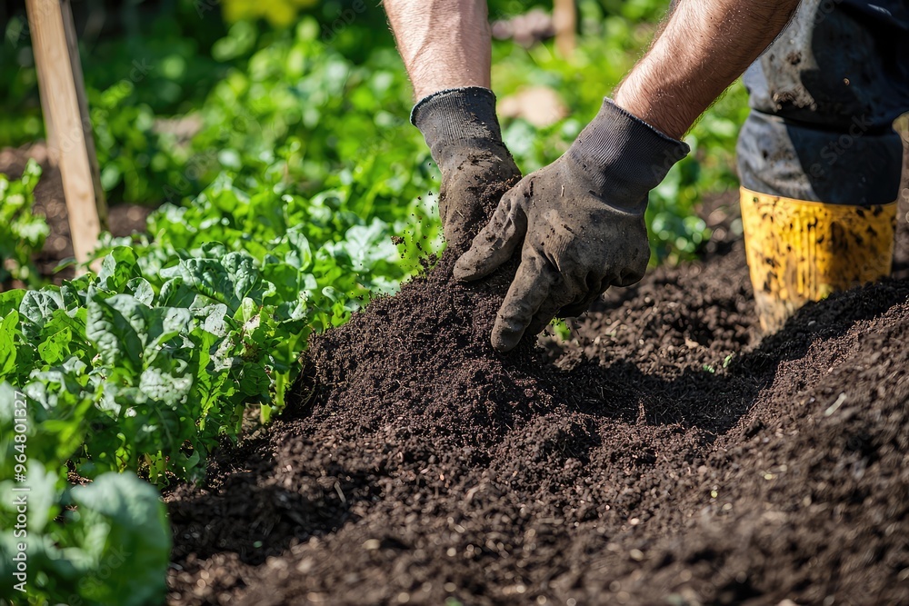 Nurturing Growth: A Gardener's Hands Gently Apply Compost to a Flourishing Vegetable Patch. Nurturing Growth: A Gardener's Hands Gently Apply Compost to a Flourishing Vegetable Patch.