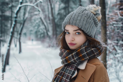 A young woman with striking blue eyes stands in a snowy forest, dressed warmly in a knitted hat and a stylish scarf, enjoying the quiet beauty of winter.