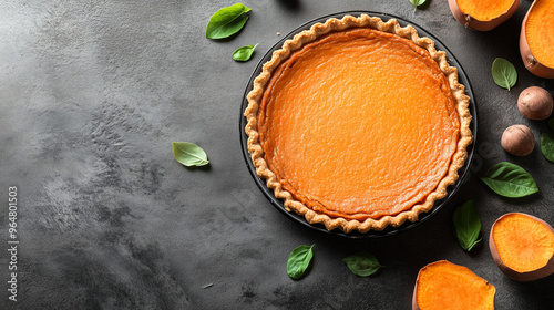 Delicious homemade sweet potato pie on a rustic dark surface with fresh sweet potatoes