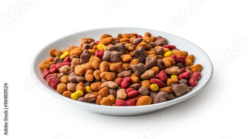 Plate of dry pet food isolated on white background