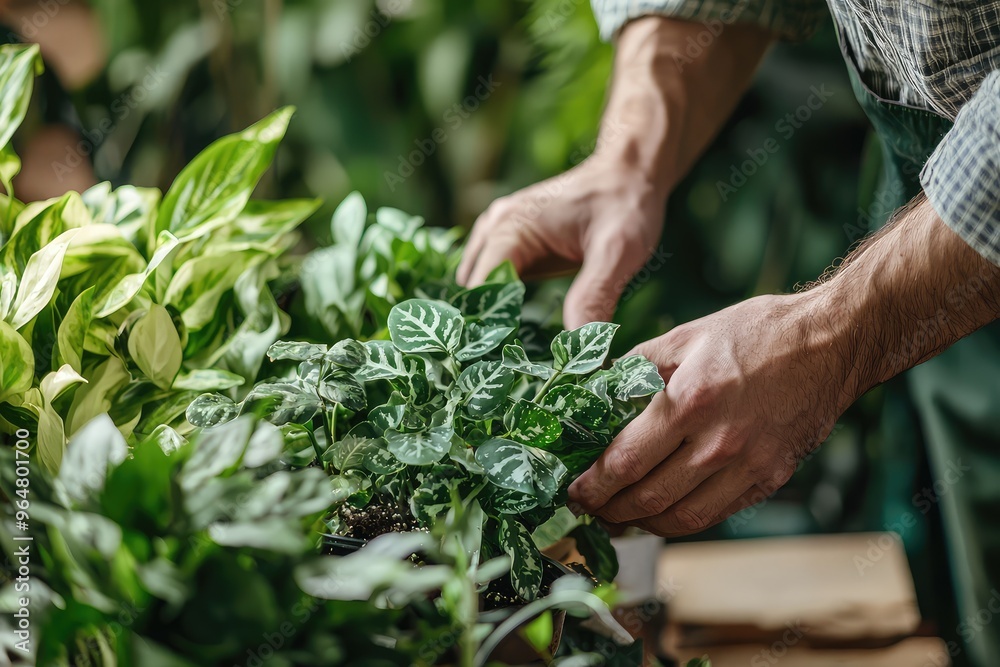 Close-up of Hands Tenderly Caring for Lush Indoor Plants Close-up of Hands Tenderly Caring for Lush Indoor Plants