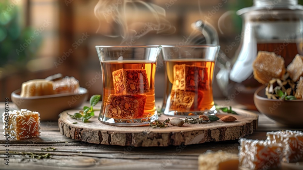 Turkish tea served in traditional glasses, complemented by a variety of lokum and sweets on a rustic wooden table Turkish tea served in traditional glasses, complemented by a variety of lokum and sweets on a rustic wooden table