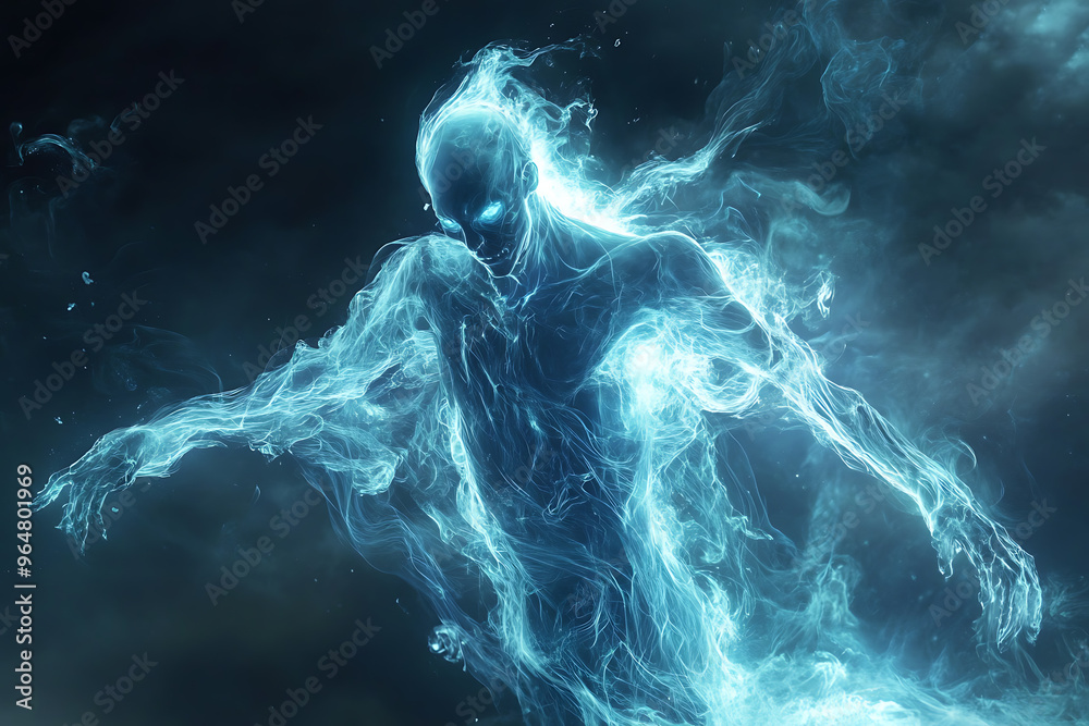 An abstract portrayal of a ghostly and transparent spirit with an ethereal presence, radiating a mystical glow An abstract portrayal of a ghostly and transparent spirit with an ethereal presence, radiating a mystical glow