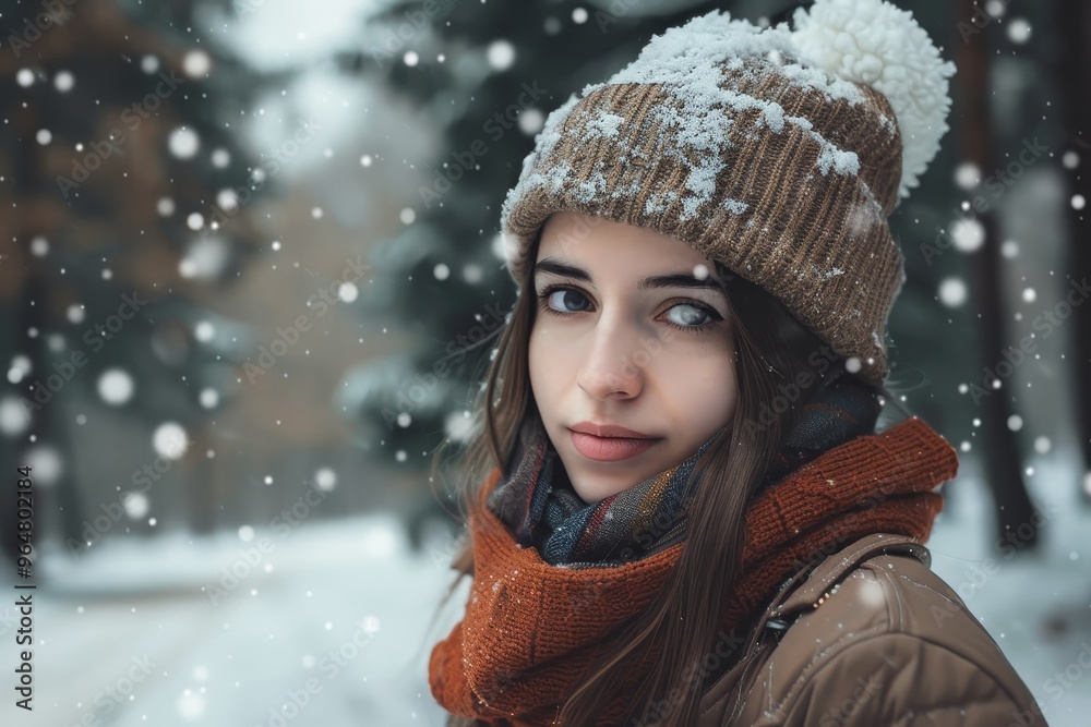 A young woman stands outside in a snowy forest, wearing a cozy hat and scarf as snowflakes gently fall around her, creating a serene winter atmosphere. A young woman stands outside in a snowy forest, wearing a cozy hat and scarf as snowflakes gently fall around her, creating a serene winter atmosphere.