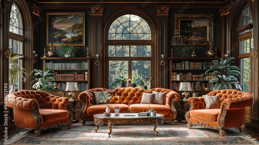 Victorian-era living room with ornate furnishings and rich fabrics, historical interior Victorian-era living room with ornate furnishings and rich fabrics, historical interior