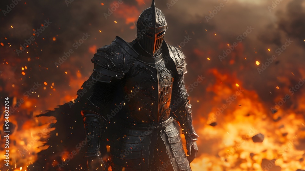 Epic fantasy scene of a medieval knight in black armor, standing amidst flames. The brave warrior, symbolizing power and protection, on the burning battlefield. Bright fire and sparks ancient, strong