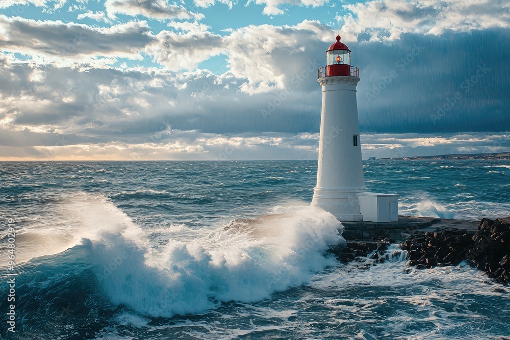 A lone lighthouse stands tall, defiant against the crashing waves, a beacon of hope amidst the stormy sea. A lone lighthouse stands tall, defiant against the crashing waves, a beacon of hope amidst the stormy sea.