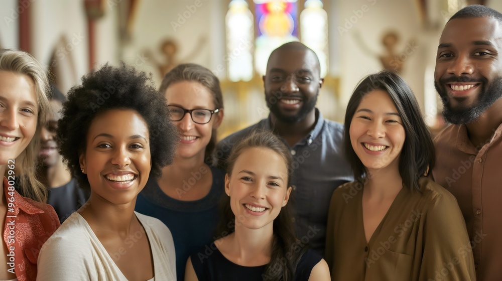 Group of diverse young people, women and men religious Christians together in a church for a Christian holiday or Bible reading faith, religion, and belief in Jesus Christ God, spirituality and prayer