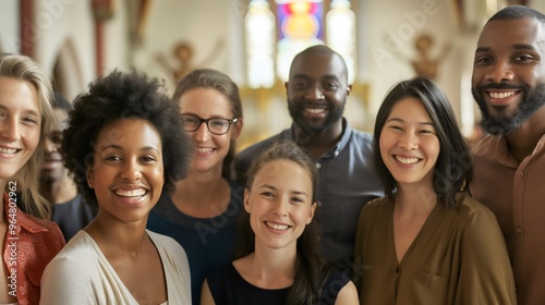 Group of diverse young people, women and men religious Christians together in a church for a Christian holiday or Bible reading faith, religion, and belief in Jesus Christ God, spirituality and prayer