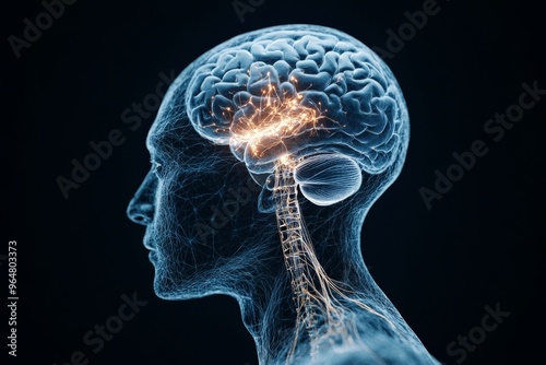 A detailed visualization of a human brain with glowing nodes representing neural connections and brain activity, symbolizing neurological science, cognitive function, and advanced biological research