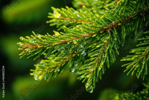 Close-up view of raindrops on fresh evergreen tree branches