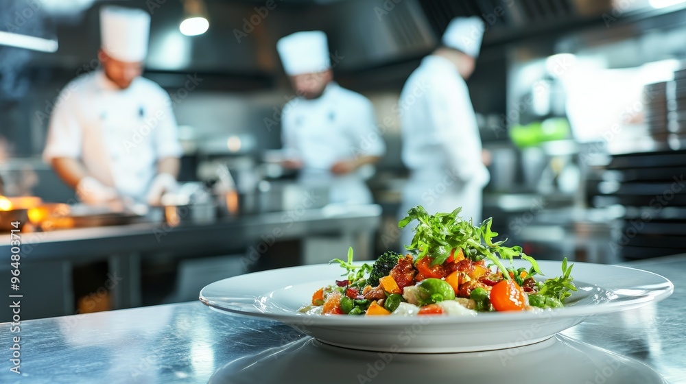 Food dish plate on table in restaurant kitchen and chefs on background Food dish plate on table in restaurant kitchen and chefs on background