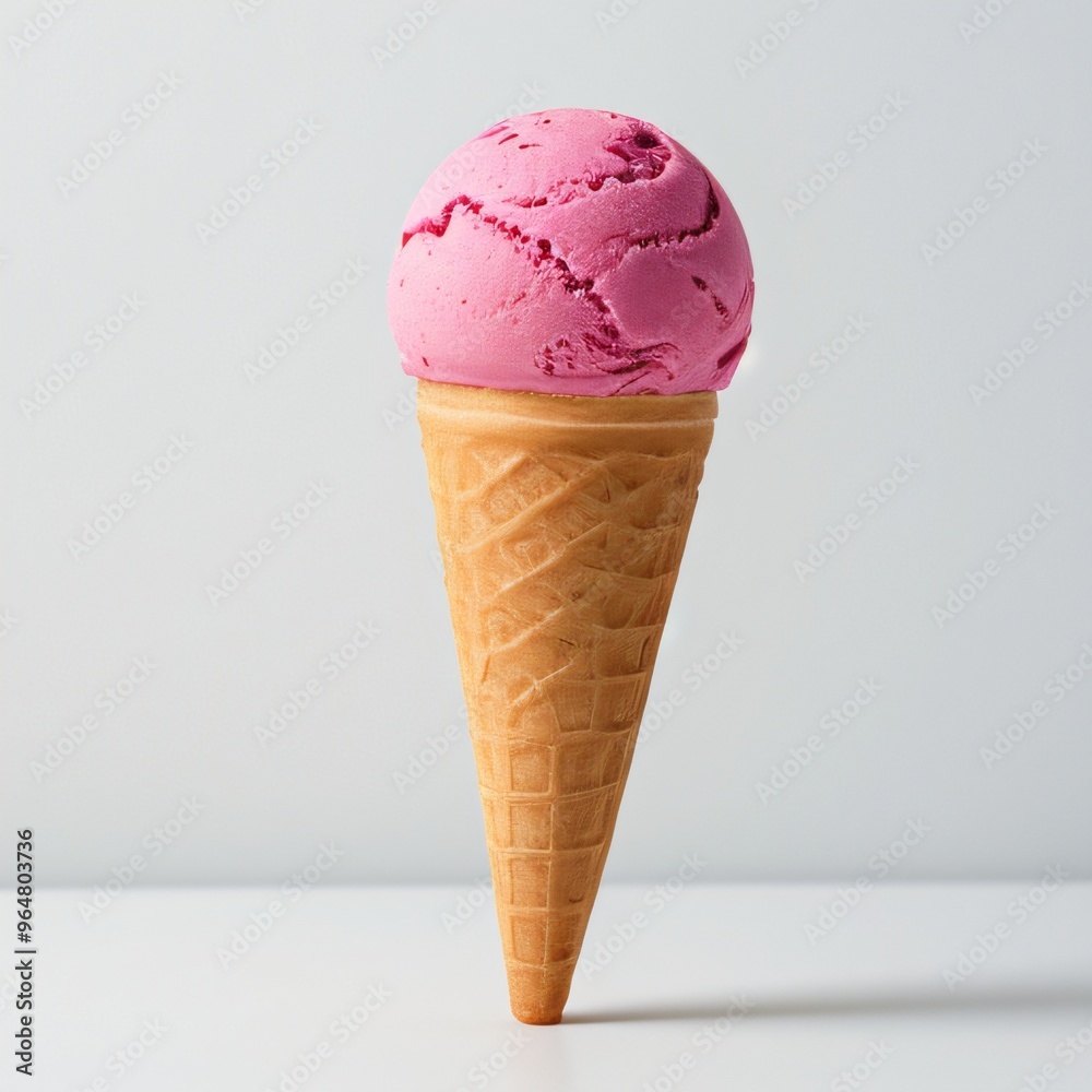 Pink soft serve ice cream in a cone on white background.. Pink soft serve ice cream in a cone on white background..