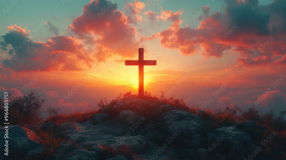 Wooden cross on mountain peak during a beautiful sunrise, peaceful and spiritual moment, glowing clouds, religious symbol on top of rocky hill, nature and faith Wooden cross on mountain peak during a beautiful sunrise, peaceful and spiritual moment, glowing clouds, religious symbol on top of rocky hill, nature and faith