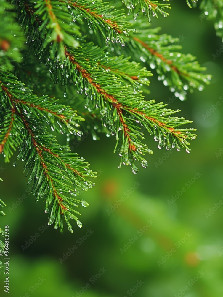 Fototapeta premium Fresh green pine needles glisten with raindrops in lush forest setting