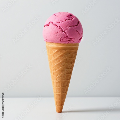 Pink soft serve ice cream in a cone on white background..