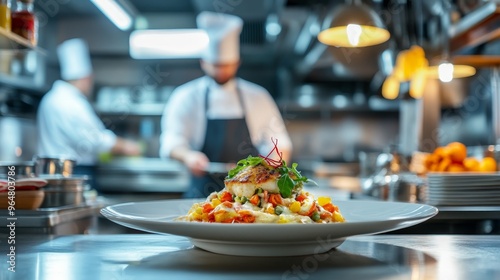 Food dish plate on table in restaurant kitchen and chefs on background 