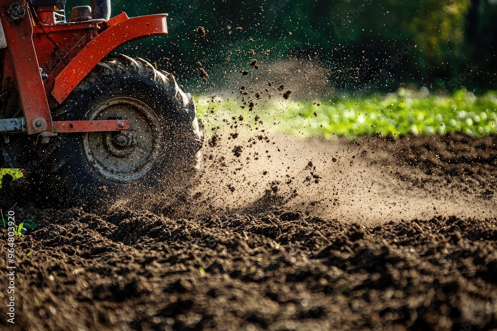 A Tiller Churns the Earth, Sending Soil Flying in a Whirlwind of Dust and Effort.