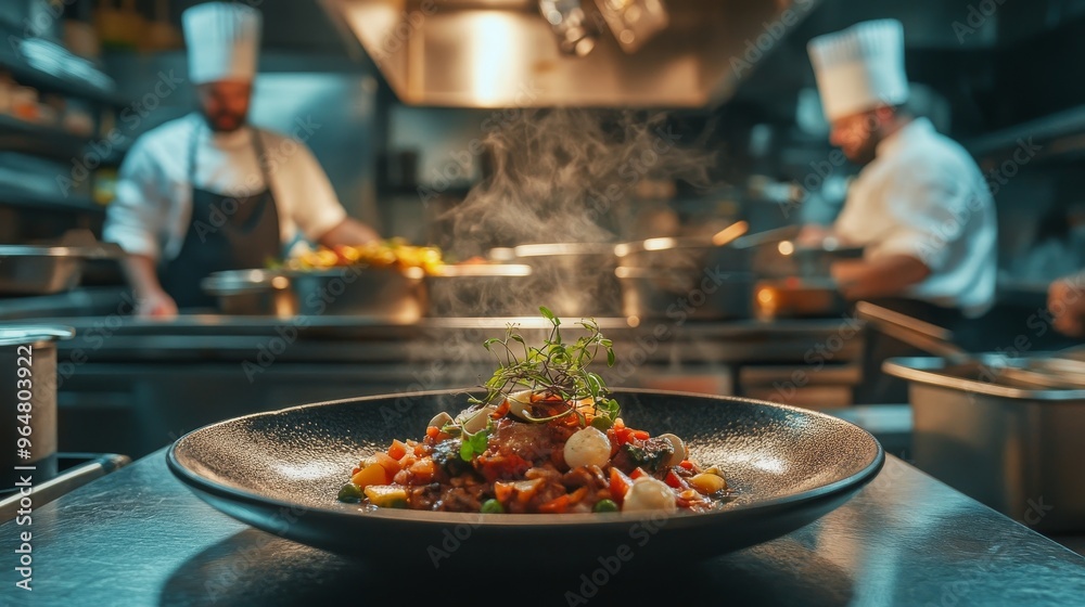 Food dish plate on table in restaurant kitchen and chefs on background 