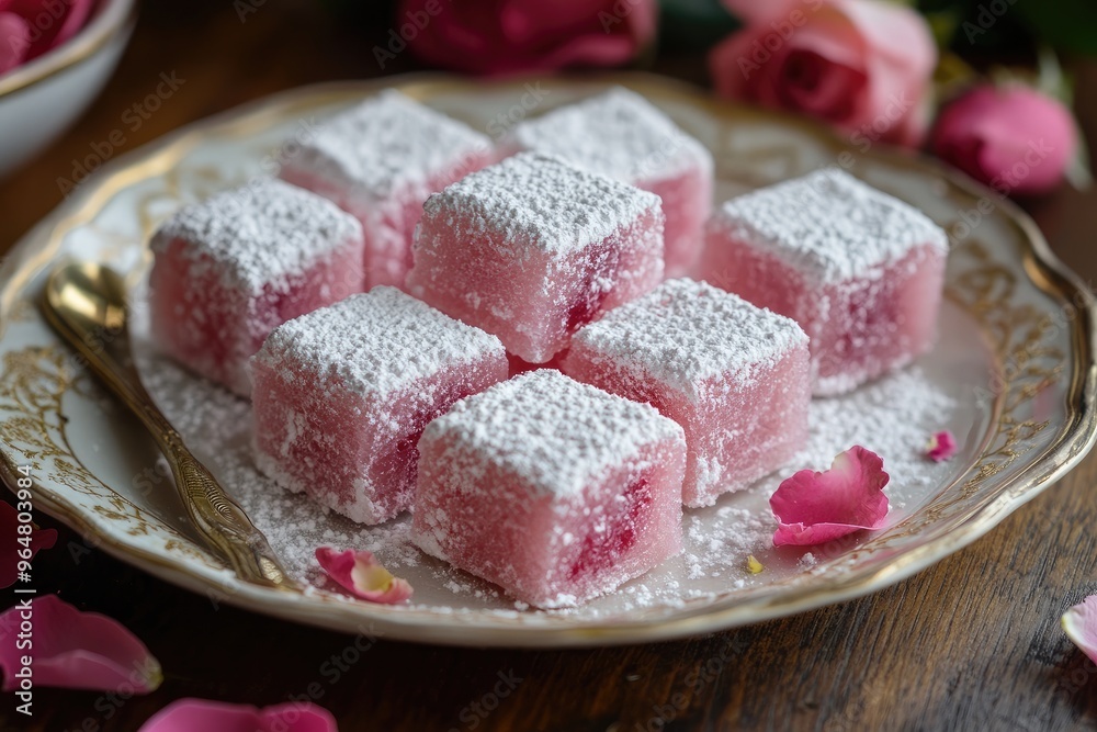 Elegant squares of rose flavored Turkish delight dusted with powdered sugar, adorned with rose petals Elegant squares of rose flavored Turkish delight dusted with powdered sugar, adorned with rose petals