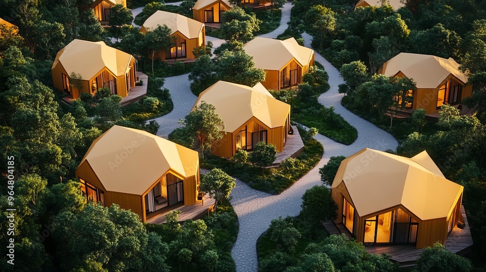 Aerial view of a village with hexagonal buildings, eco-friendly design, sustainability concept Aerial view of a village with hexagonal buildings, eco-friendly design, sustainability concept