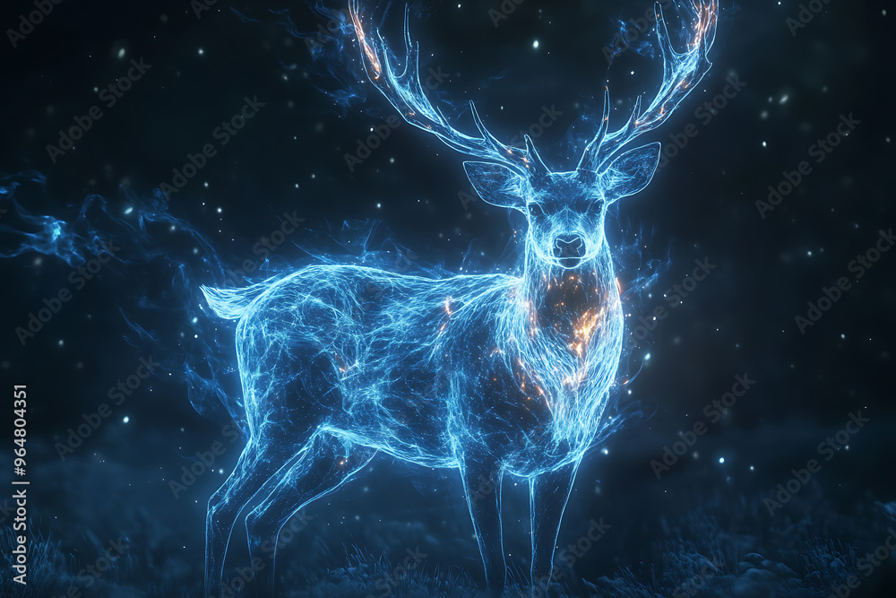 An abstract depiction of a ghostly and transparent deer spirit with an ethereal presence, radiating a mystical glow