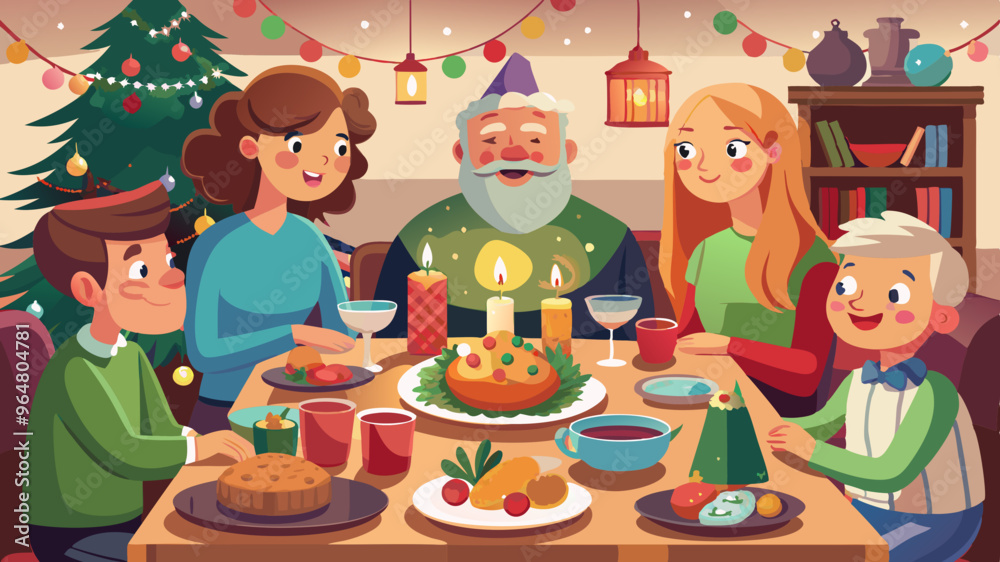 Fototapeta premium Family Celebrating Christmas Dinner with Traditional Holiday Feast