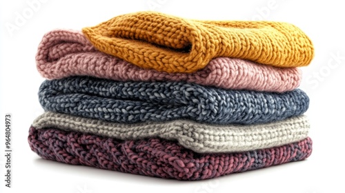 Stack pile of folded wooley knit cloth isolated on white background 