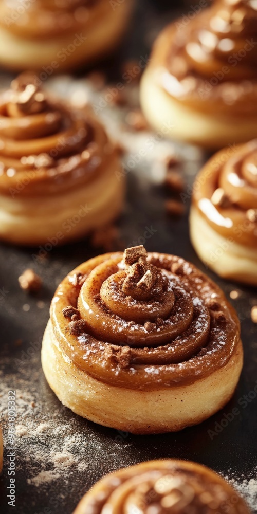 Delicious cinnamon rolls with icing on a baking tray in a cozy kitchen