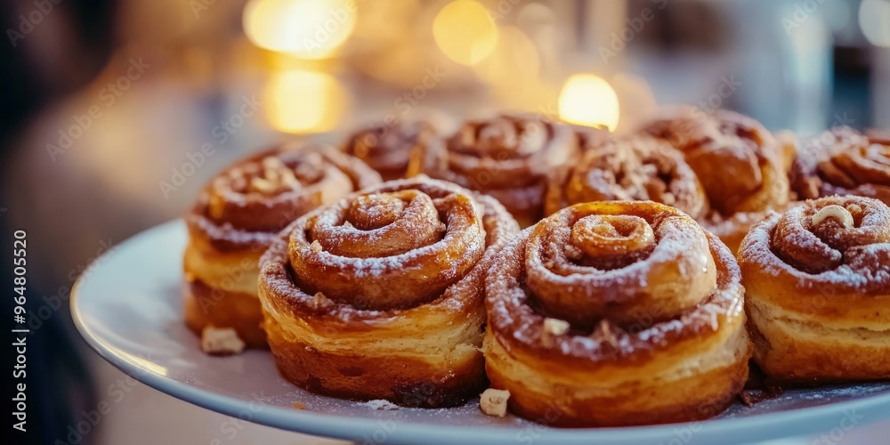 Delicious cinnamon rolls on a serving platter at a cozy gathering