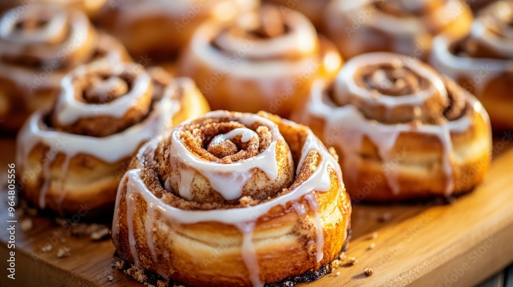 Freshly baked cinnamon rolls with icing on a wooden board Freshly baked cinnamon rolls with icing on a wooden board