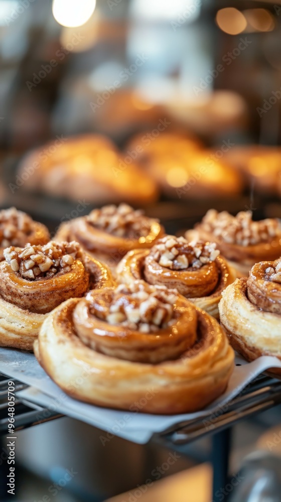 Freshly baked cinnamon rolls with nuts at a bakery display Freshly baked cinnamon rolls with nuts at a bakery display