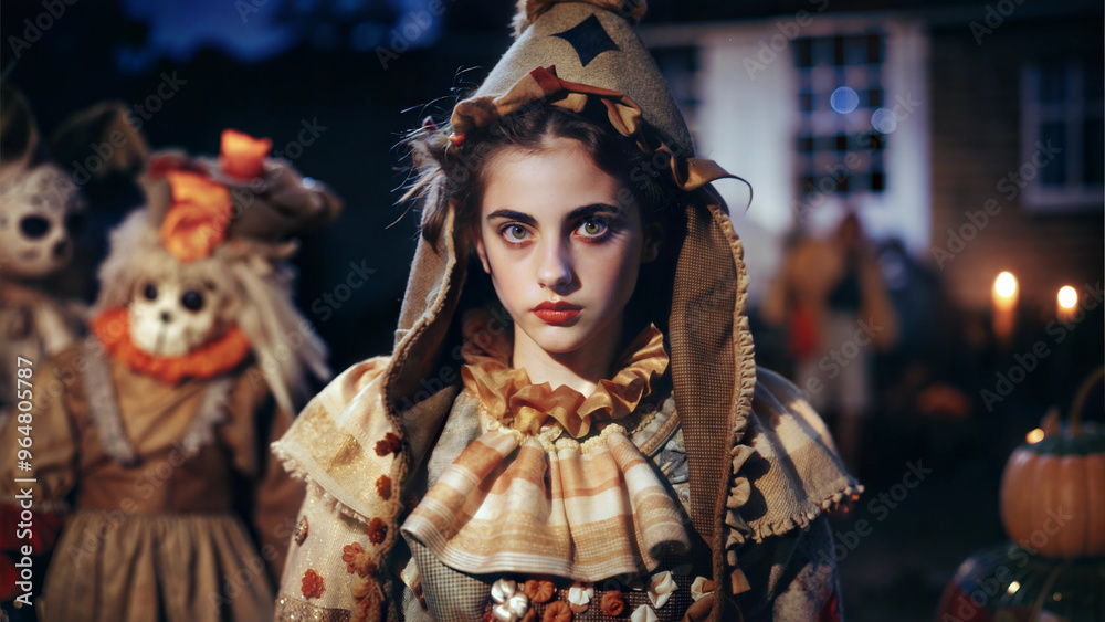 Photorealistic Close-Up of Girl in Handmade Scarecrow Halloween Costume with Creepy Makeup
