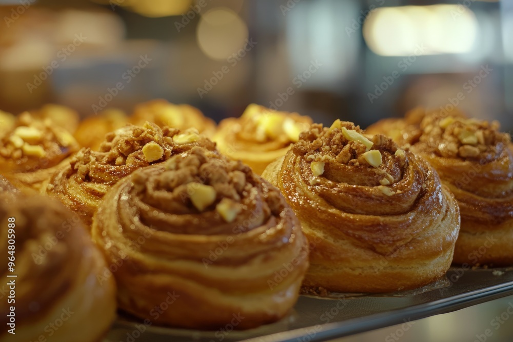 Freshly baked sweet rolls with nuts on a display tray in a bakery Freshly baked sweet rolls with nuts on a display tray in a bakery