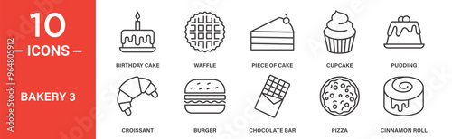 Bakery icon set. Birthday cake, waffle, piece of cake, cupcake, pudding, icon collection. Vector illustration.