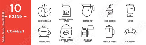 Coffee icon set. Coffee beans, coffee beans sack, coffee pot, iced coffee, mixer, icon collection. Vector illustration.