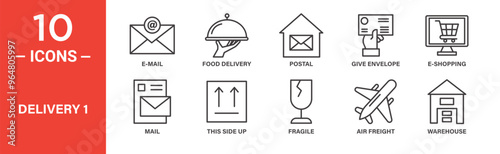 delivery icon set. e-mail, food delivery, postal, give envelope, e-shopping, icon collection. vector illustration.