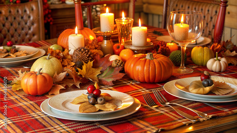 Naklejka premium Photorealistic Cozy Thanksgiving Table Set for Two with Pumpkins, Candles, and Fall Decor