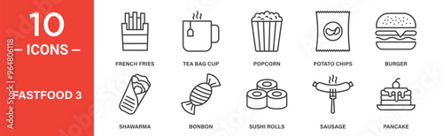 Fastfood icon set. French fries, tea bag cup, popcorn, potato chips, burger, icons. Outlined icon collection. Vector illustration.