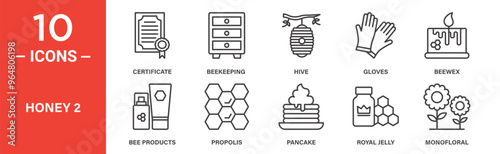 Honey icon set. Certificate, beekeeping, hive, gloves, beewex, icons. Outlined icon collection. Vector illustration.