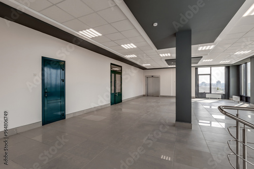 panorama view in empty modern hall with columns, doors and panoramic windows..