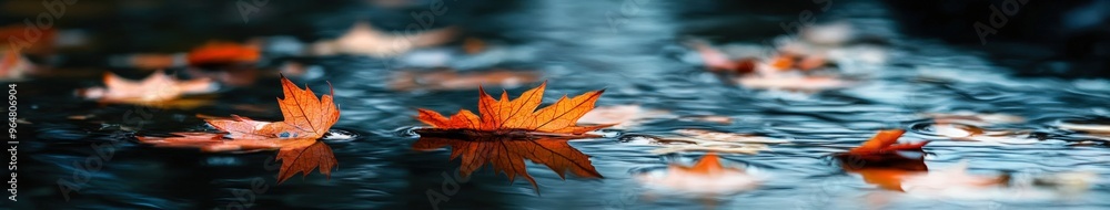 Floating autumn leaves on calm water at a serene lakeside Floating autumn leaves on calm water at a serene lakeside