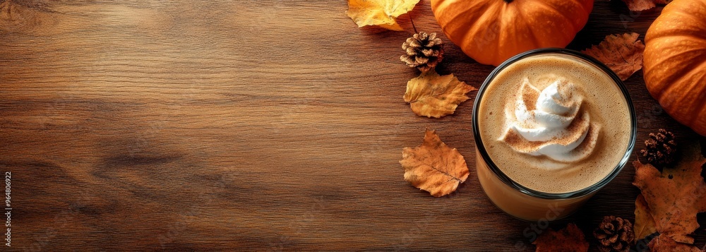 Top view of pumpkins and pumpkin coffee latte cup autumn fall composition background Top view of pumpkins and pumpkin coffee latte cup autumn fall composition background